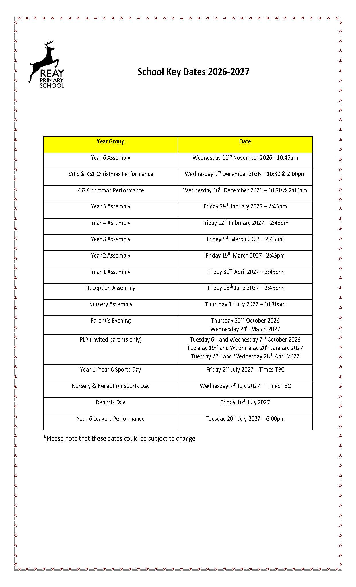 Reay Key Dates for 2026/2027