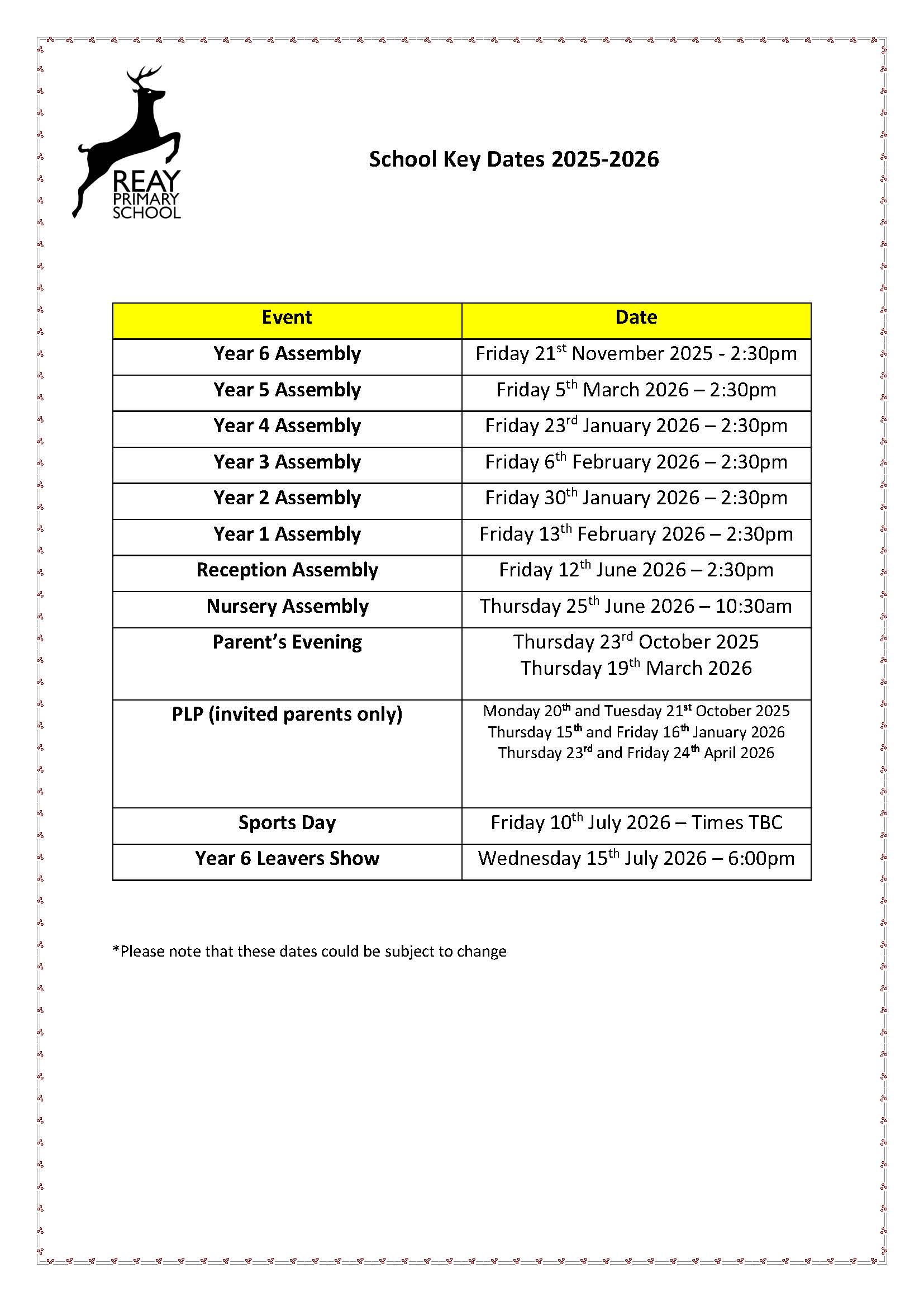 Reay Key Dates for 2025/2026