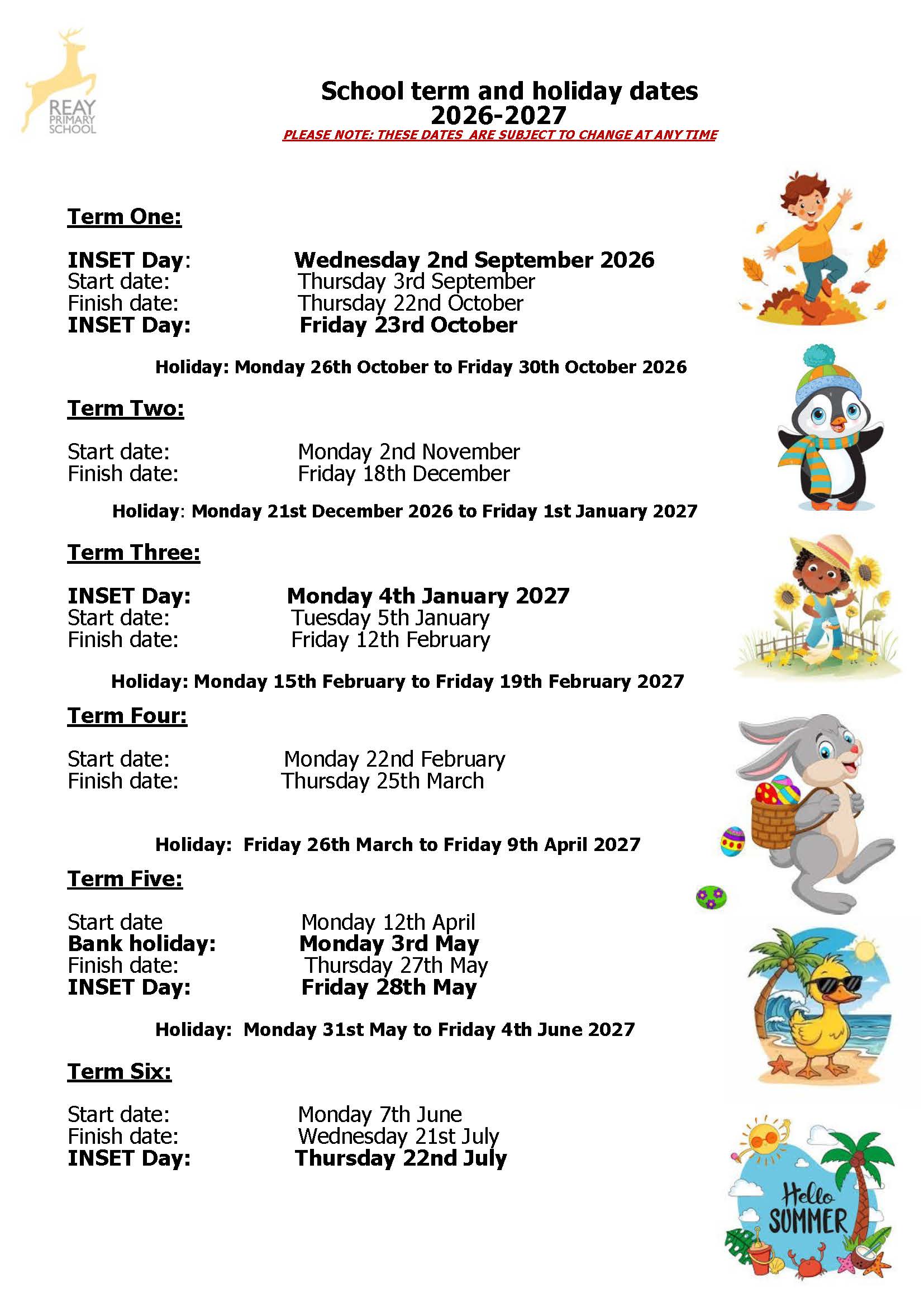 Reay Term Dates 2026-2027